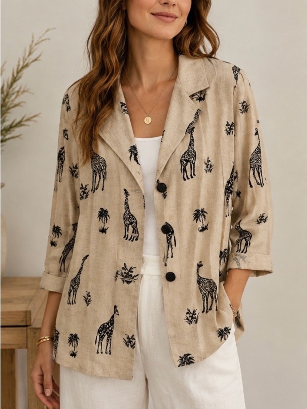 Vintage Dress Barn Woman Whimsical Palm Tree Safari Button-Up Jacket 1X